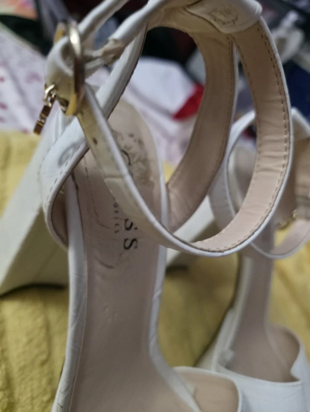 GUESS White Croc-Embossed Ankle Strap Block Heels